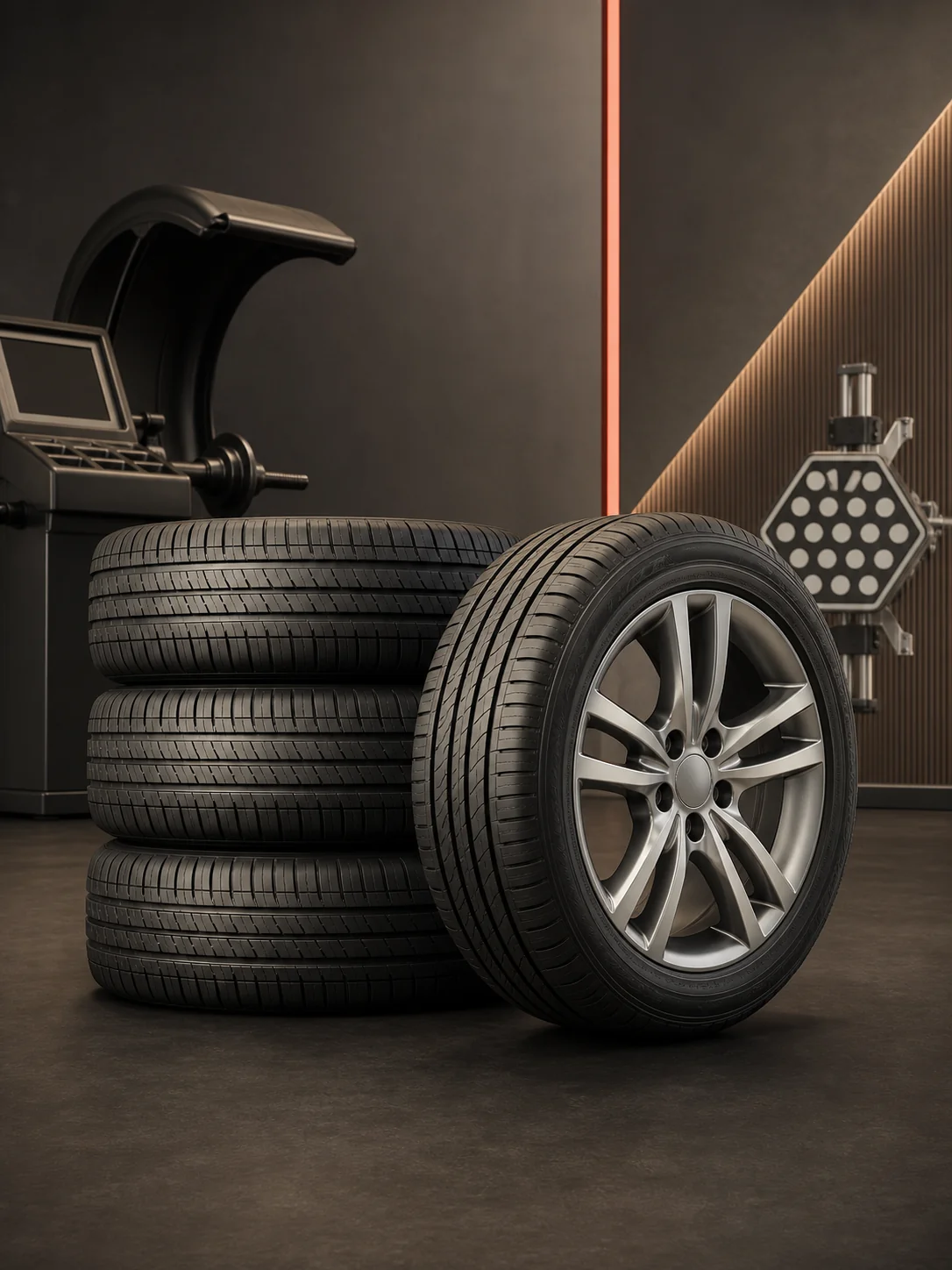 Conjunto de quatro pneus novos com equipamentos de alinhamento e balanceamento